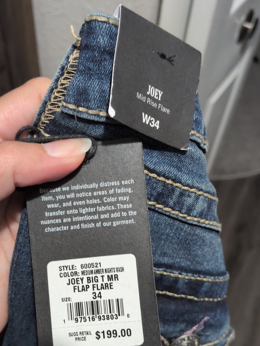 Make Offers! True Religion Joey Mid Rise Big T Flap Flare Jeans 34 - Picture 8 of 10